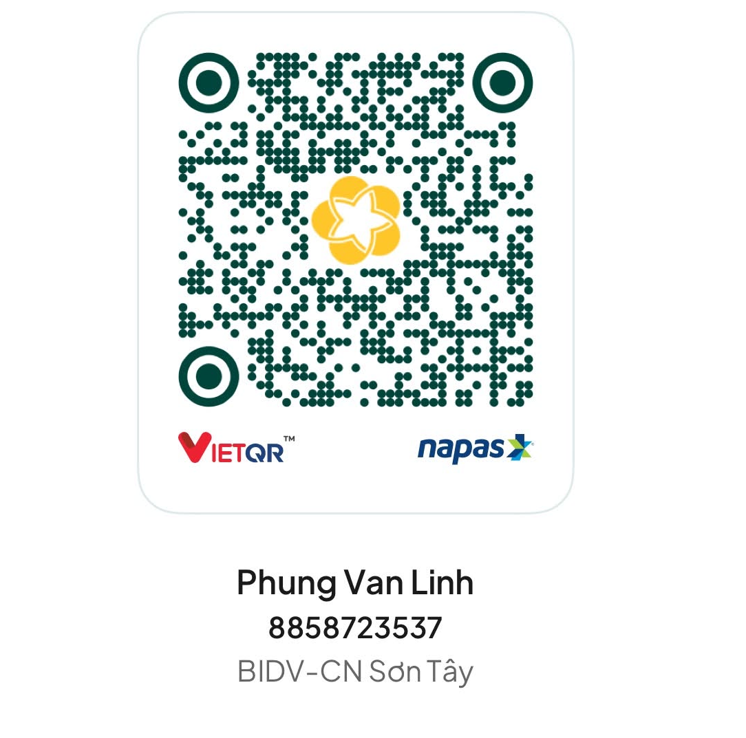 Mã VietQR BIDV, chi nhánh Sơn Tây. Chủ tài khoản Phung Van Linh, số tài khoản 8858723537.